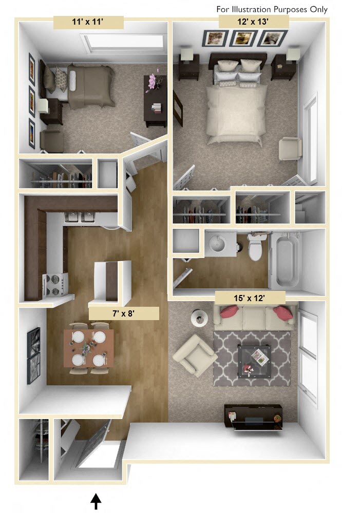 Floor plan for 2 beds, 1 bath, 820 sqft